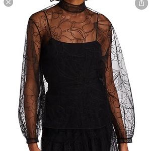 Akris Punto Sashiko Flower Embroidered Tulle Puff-Sleeve Blouse, NWT, Size 14